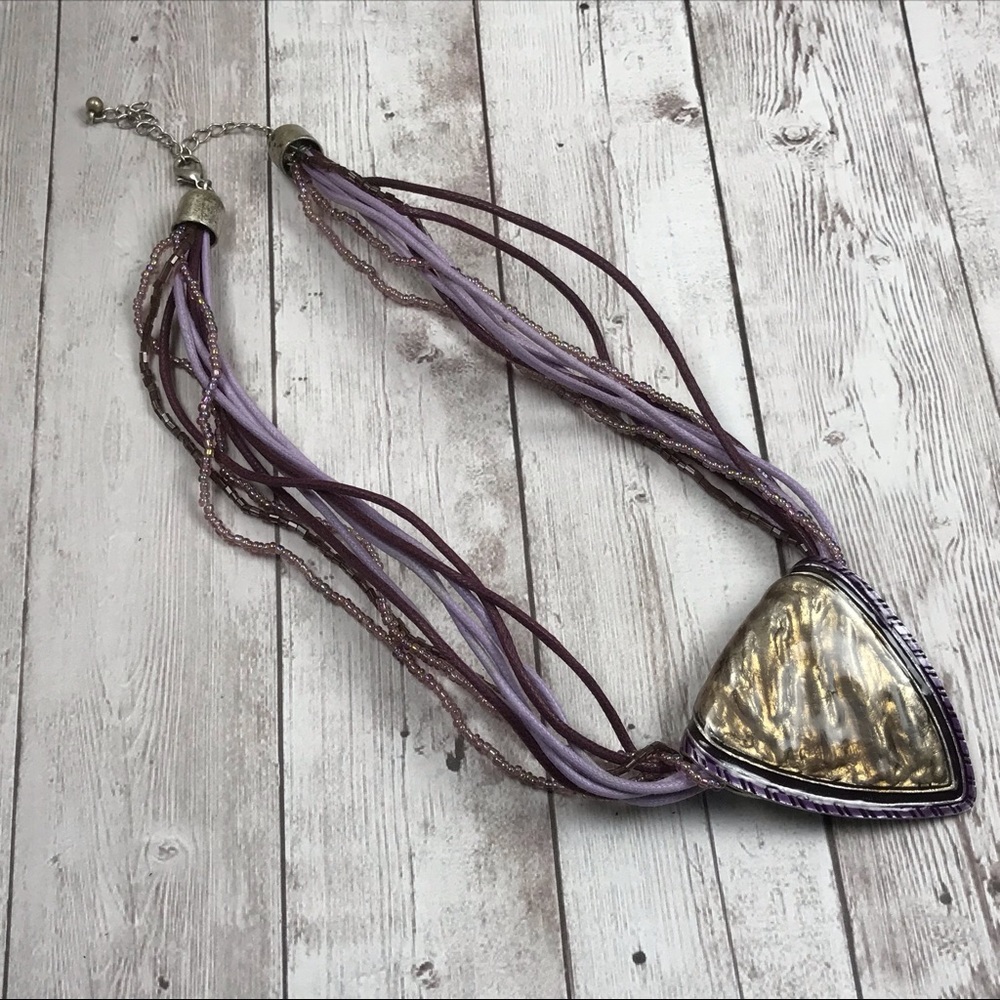 silver purple enamel triangle pendant on cord